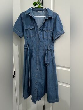 Denim Button-Front ladies Dress with Waist Tie - Blue